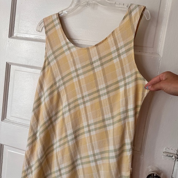 Linen Blend Sundress Yellow Plaid Asymmetrical Frayed Hem Boho Academia Maxi - Picture 11 of 17